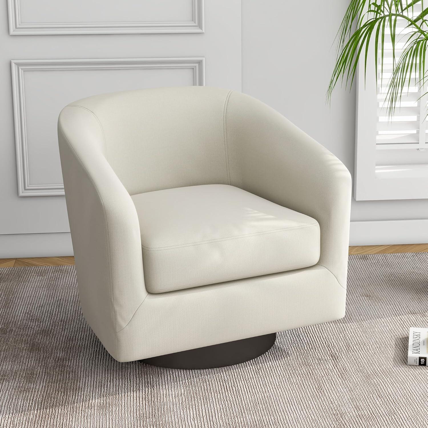 Beige Linen Swivel Barrel Accent Chair with Wood Base