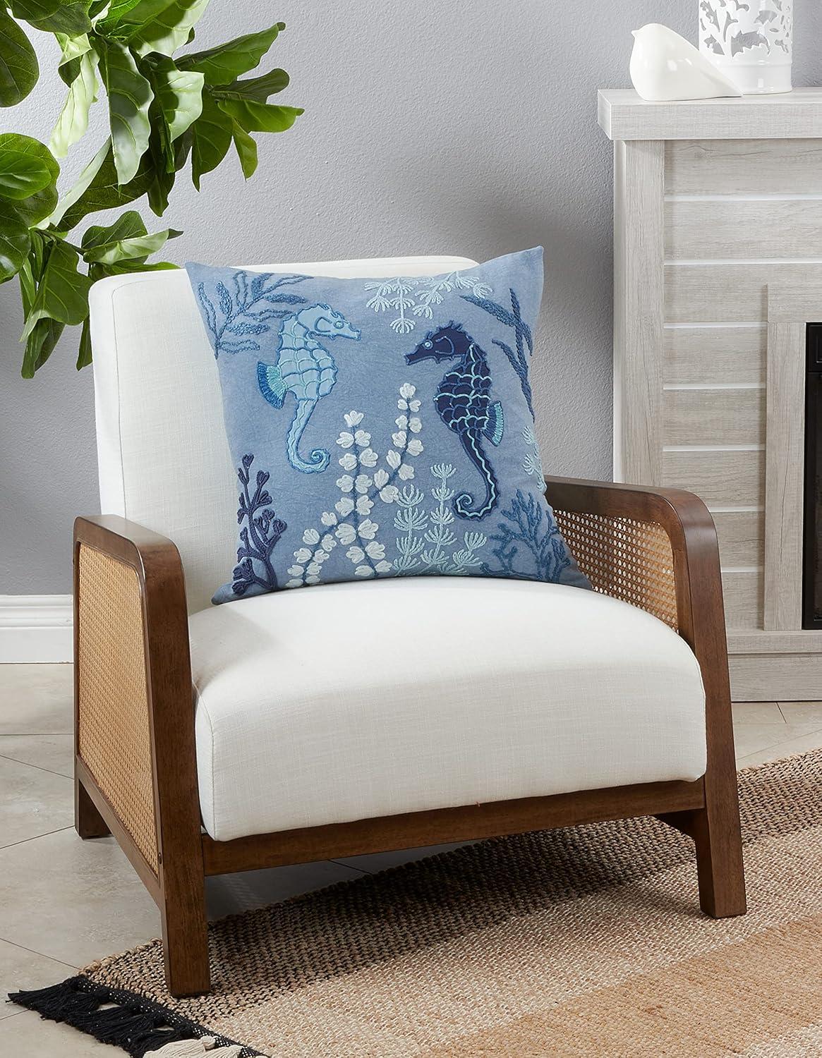 Blue Embroidered Seahorse Coastal Medium Throw Pillow