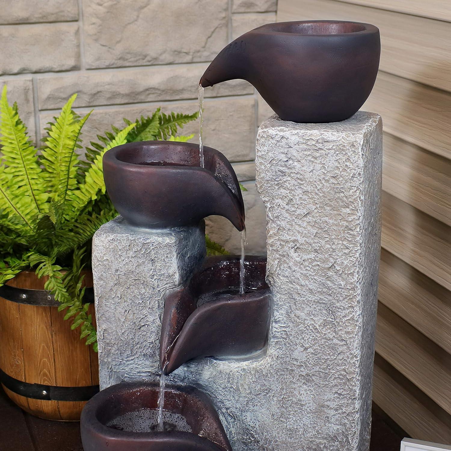 Sunnydaze Outdoor Polyresin Solar Powered Aged Tiered Vessels Water Fountain with Battery Backup - 29"