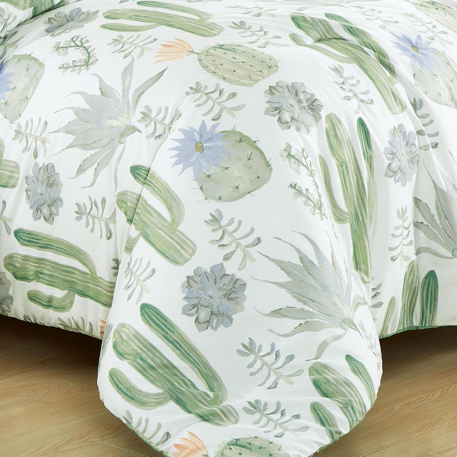 Chezmoi Collection Cereus 3-Piece Southwestern Serene Desert Comforter Set, Green Blue Cactus Succulent Plant Printed Washed Microfiber Bedding, Full