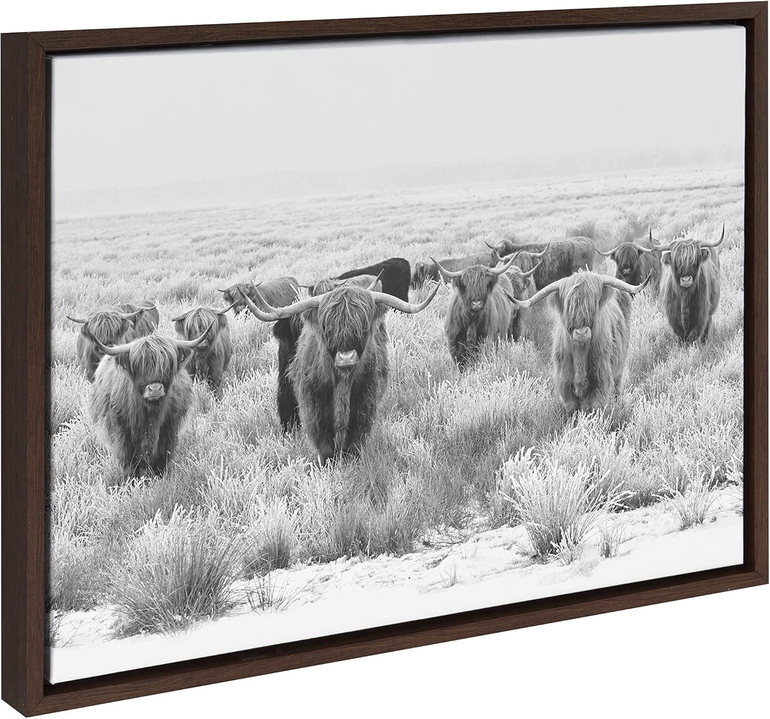 Kate and Laurel Sylvie Herd of Highland Cows Black and White Framed Canvas by The Creative Bunch Studio