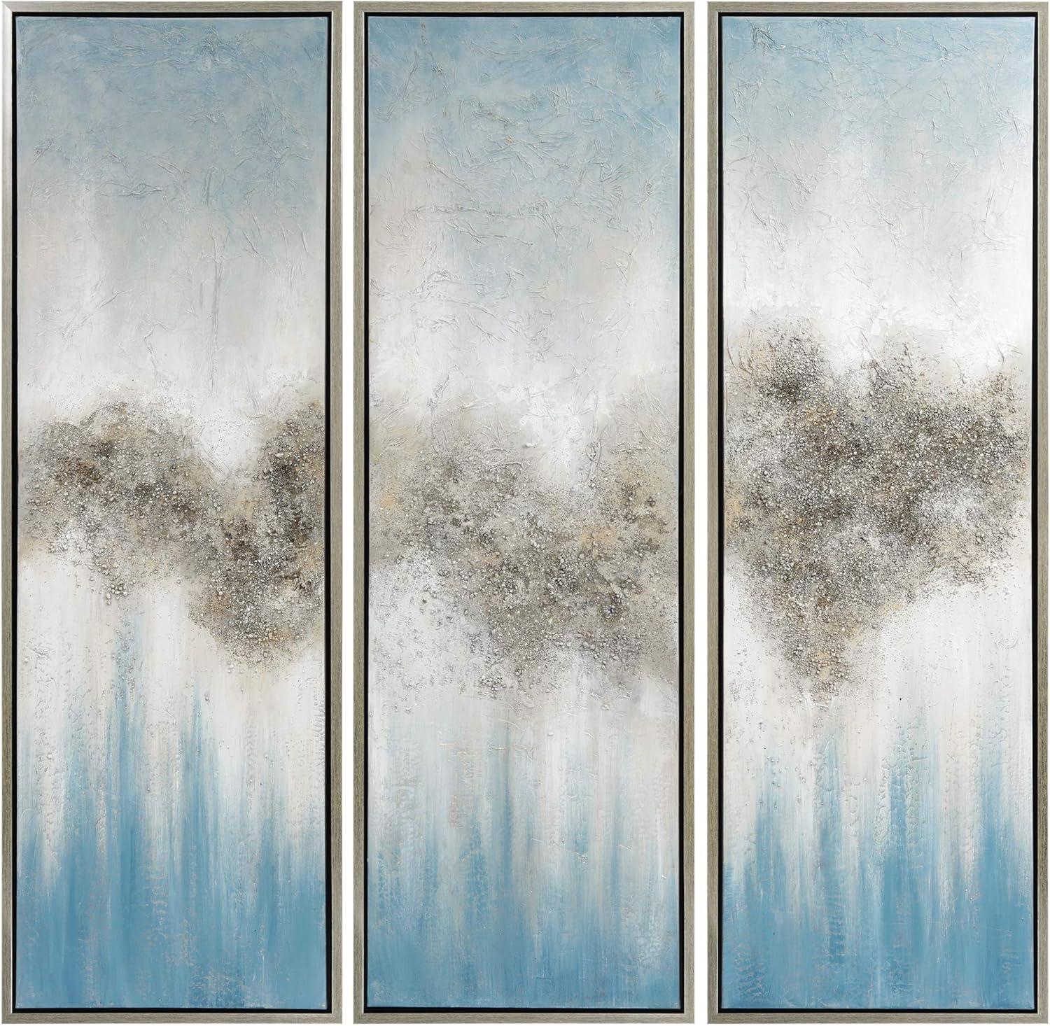 Sequence Blue and Silver Abstract Triptych Canvas Painting