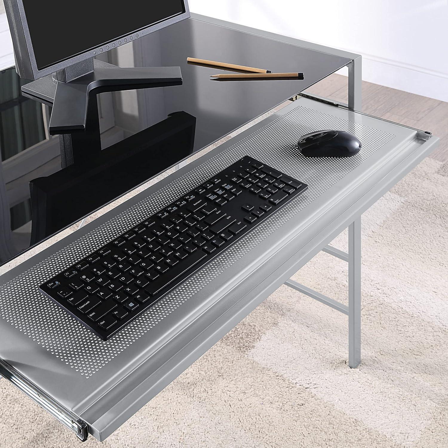 Zephyr Computer Desk with Black Tempered Glass Top and Silver Frame