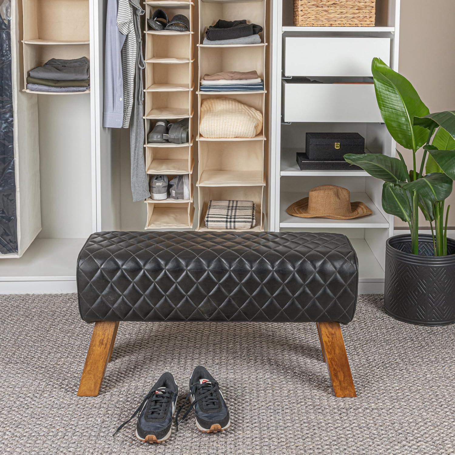 Black Stitched Genuine Leather Bench with Mango Wood Legs