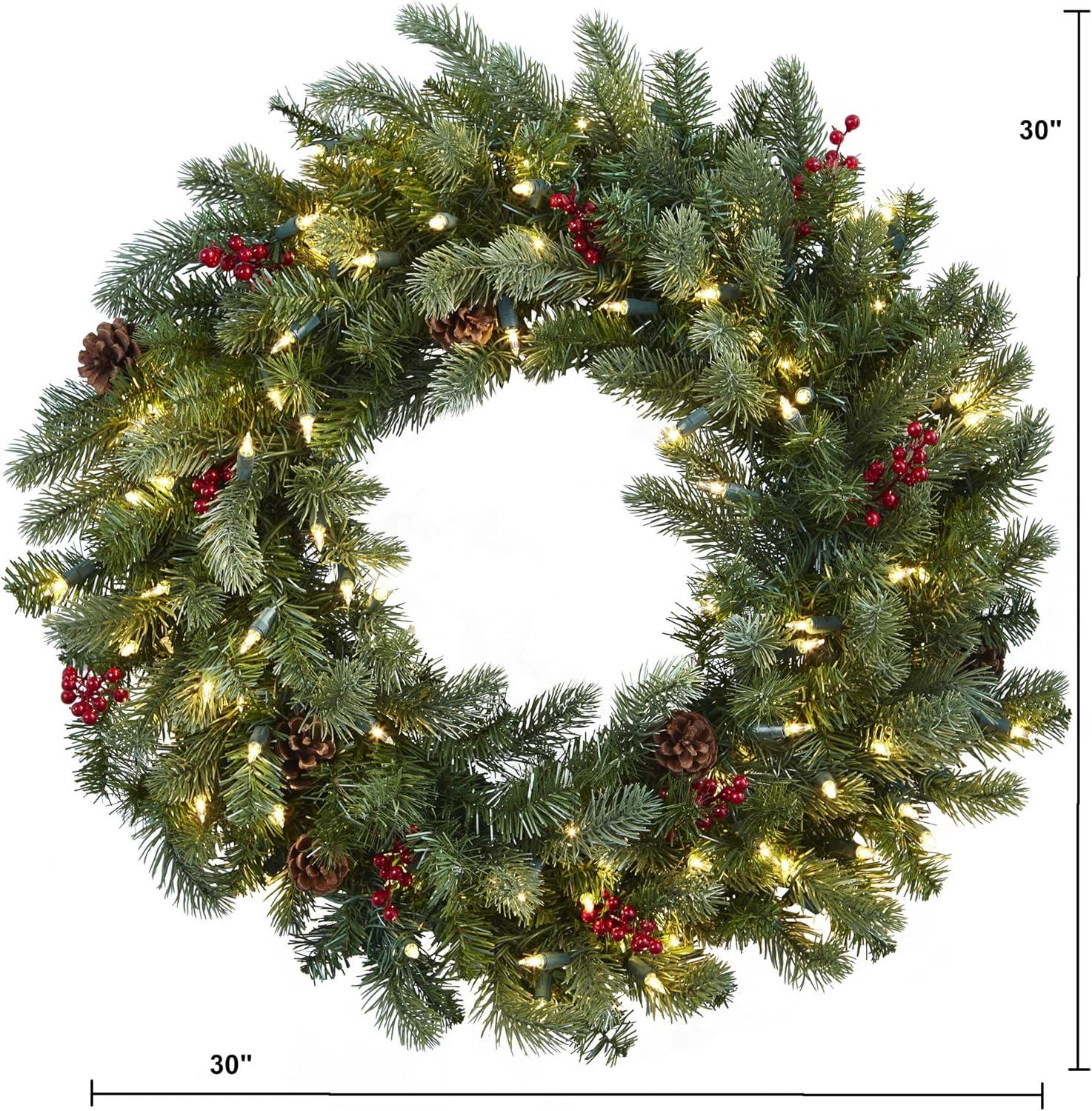 30" Lighted Artificial Pine Christmas Wreath with Berries and Pine Cones