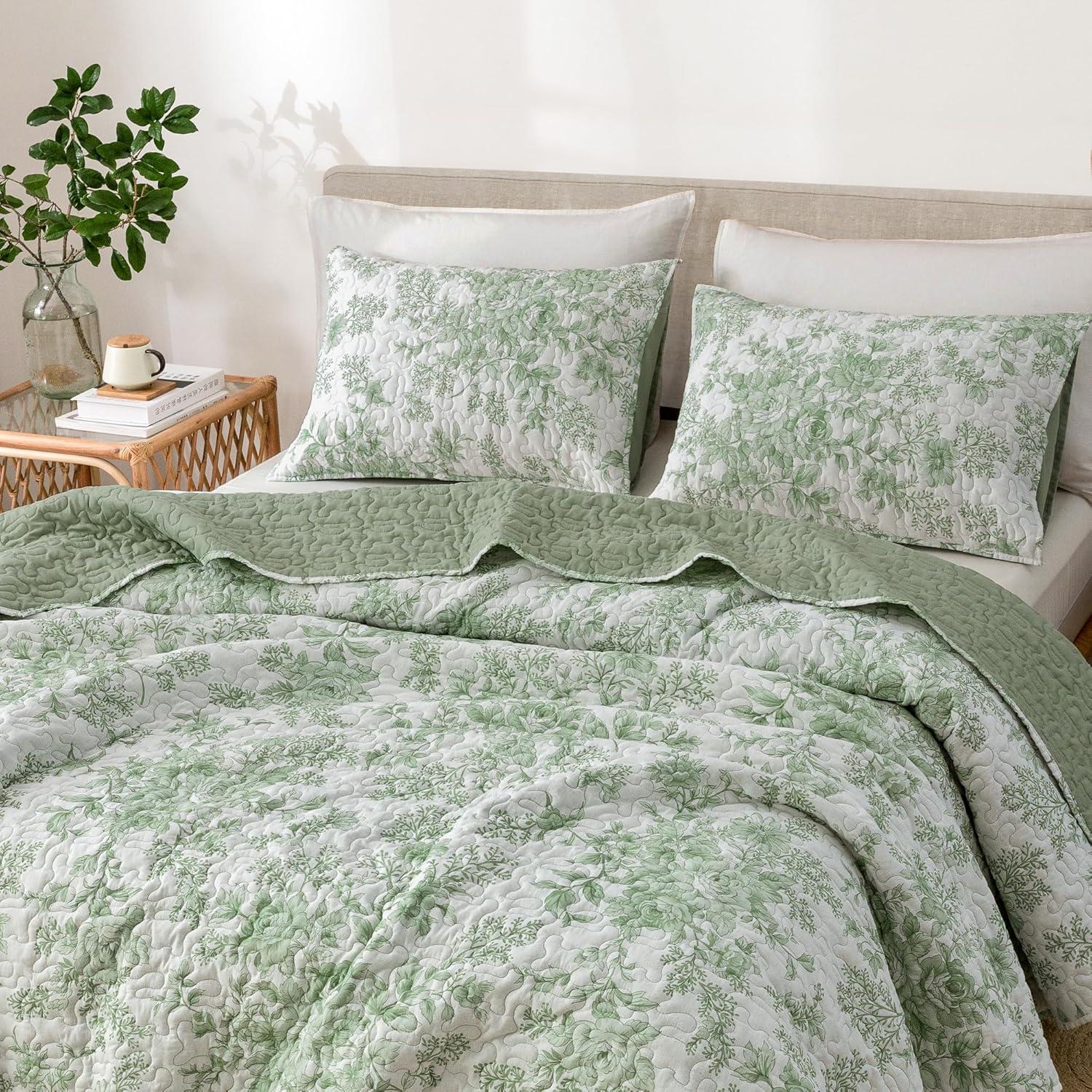 Sage Green Floral Cotton King Quilt Set