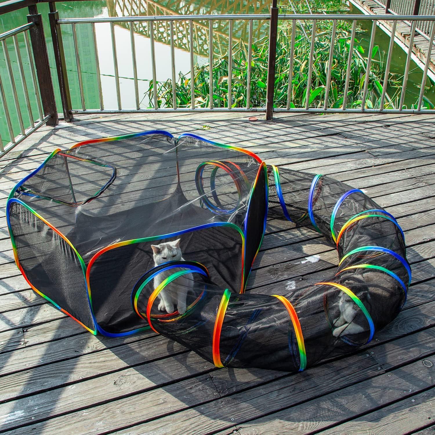 Outdoor Rainbow Cat Enclosures Playground,Outside House for Indoor Cats Include Portable Cat Tent, Circle Playpen Tunnel, for Kitty and Small Animals,Within Storage Bag