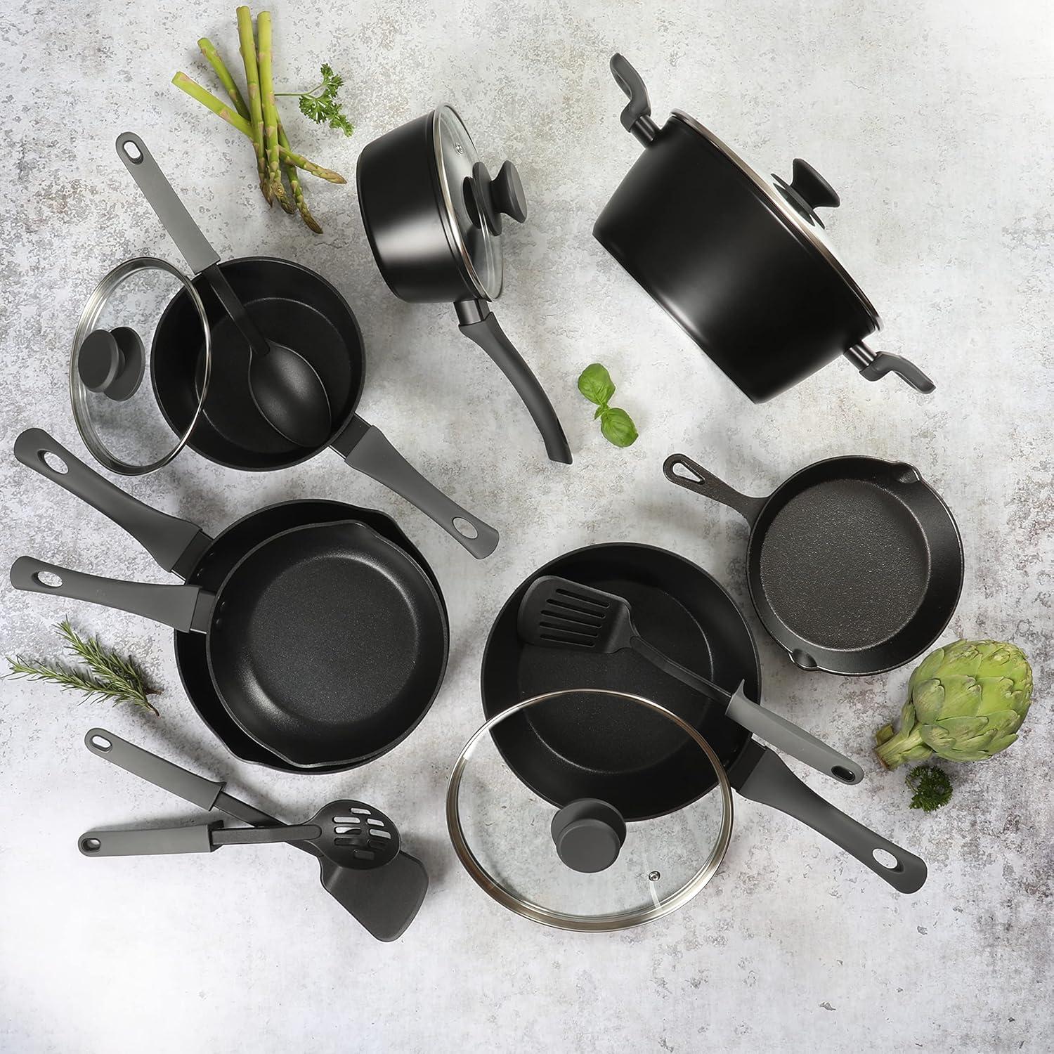 Black Non-Stick Aluminum and Cast Iron 15-Piece Cookware Set