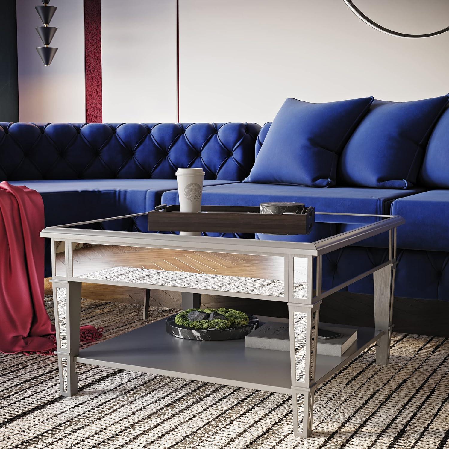 Square Mirrored Metal Coffee Table with Storage, 28.5"