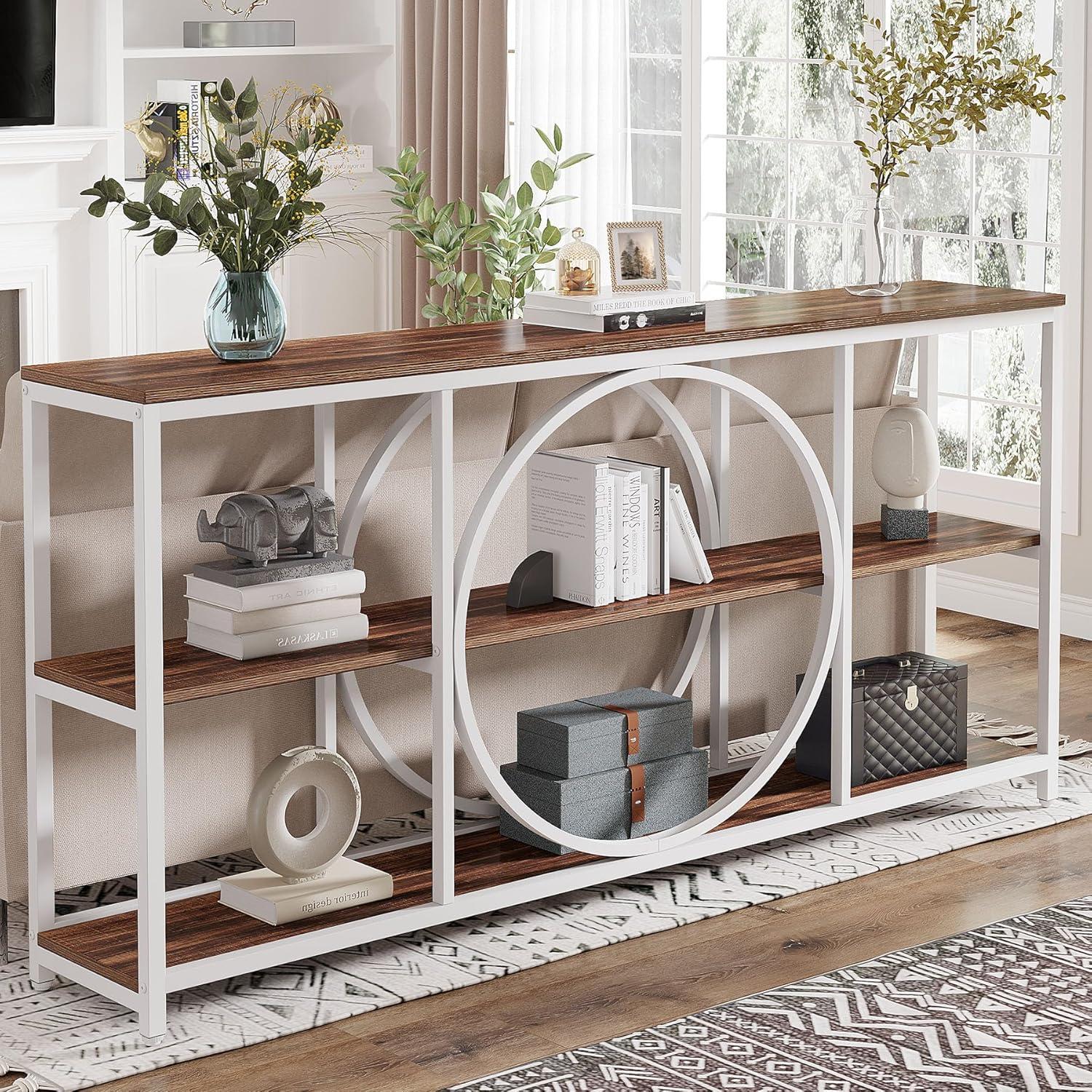 GVN Console Table, Entryway Table, 70.9" Console Table, Narrow Sofa Table with 3 Tier Storage Shelves,White & Walnut