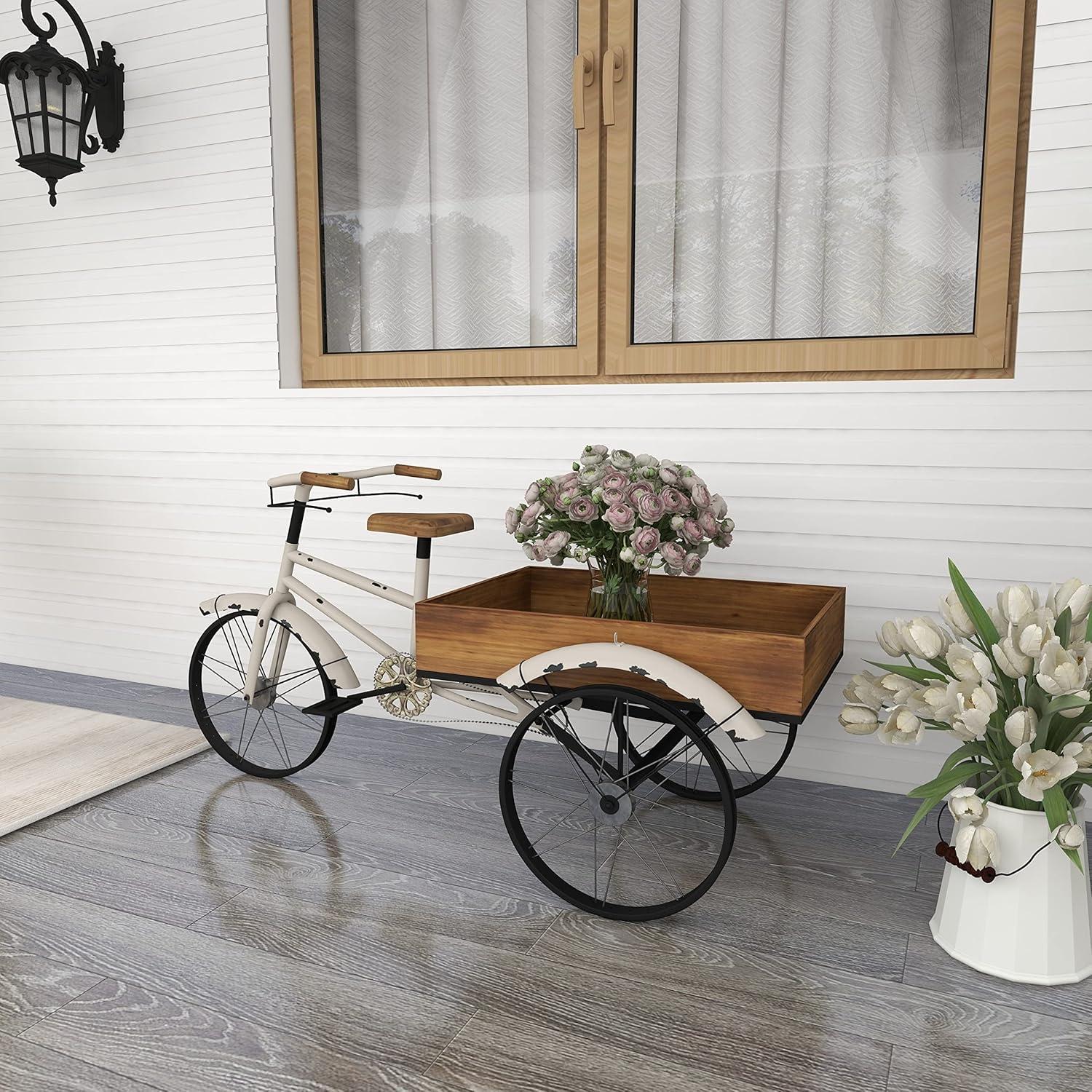 DecMode 48" x 24" x 24" White Metal Indoor Outdoor Bike Plantstand with Brown Wood Accents