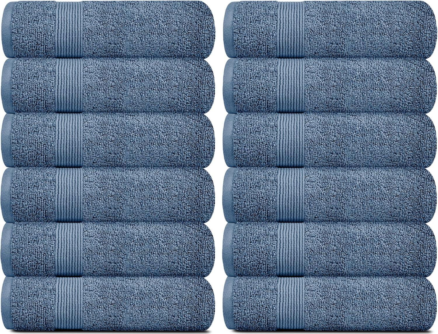 BC BARE COTTON Luxury Hotel & Spa Towel Turkish Cotton Washcloths - Dobby Border (13x13 Inches) - Set of 12 - Wedgewood