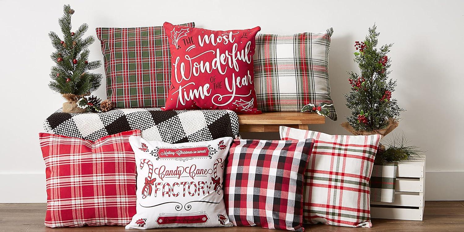 DII Asst Traditional Christmas Plaid Pillow Covers 18 x 18 Inch, 4 Pieces