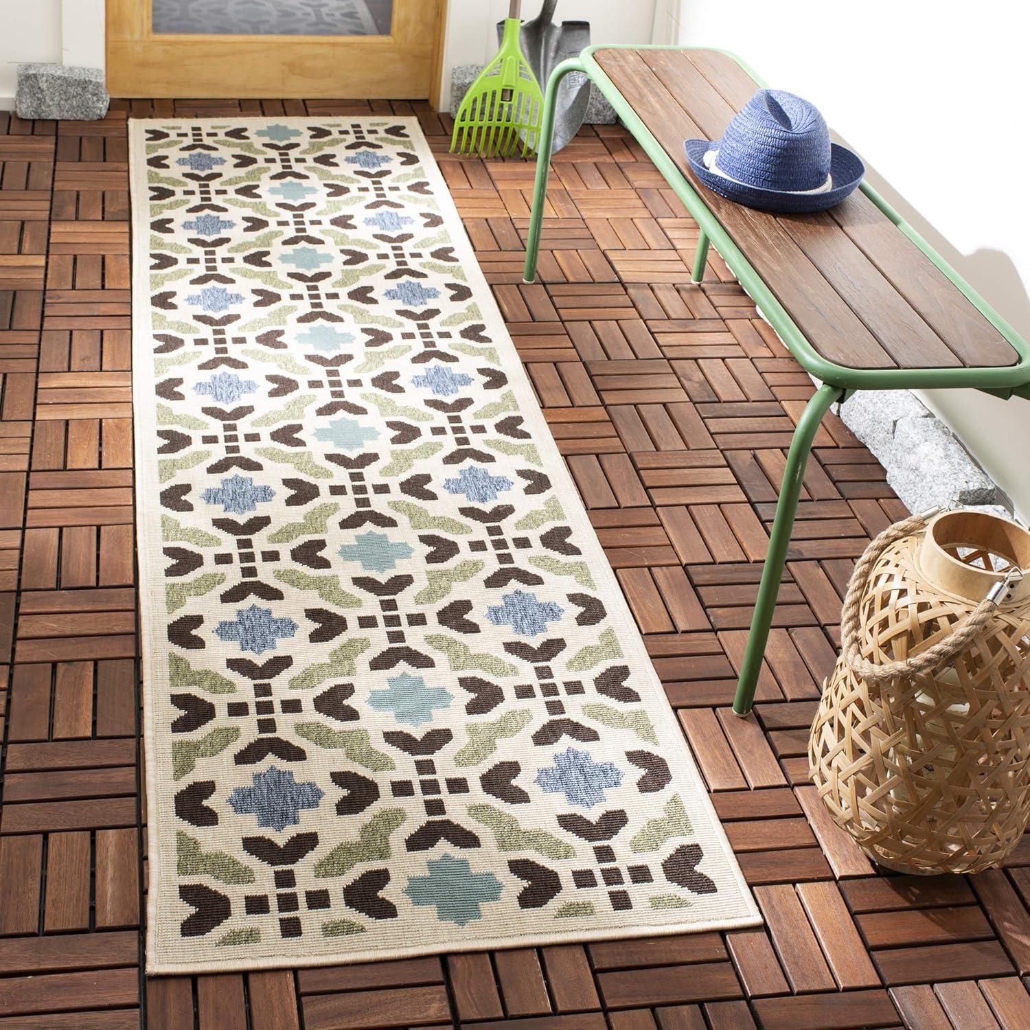 SAFAVIEH Veranda Branson Geometric Indoor/Outdoor Runner Rug, 2'3" x 8', Cream/Aqua