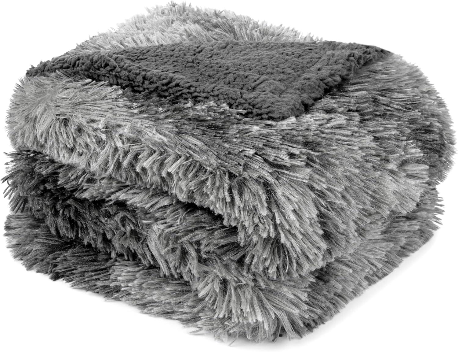 PAVILIA Fluffy Faux Fur Reversible Throw Blanket for Bed, Sofa, and Couch