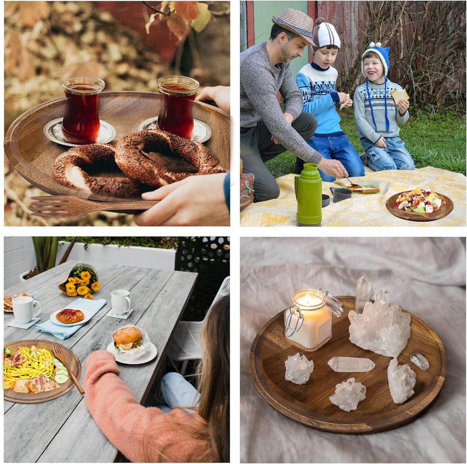 Wooden Plates, Wood Dinner Plates with Forks, Reusable Handmade Natural Wood Flatware Set for Cooking, Eating, Housewarming(Set of 4, Large 11" x 11")