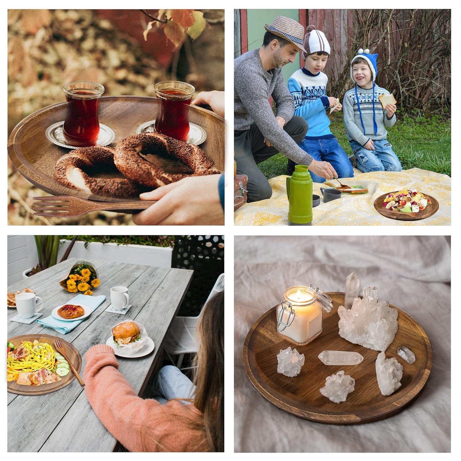 Wooden Plates, Wood Dinner Plates with Forks, Reusable Handmade Natural Wood Flatware Set for Cooking, Eating, Housewarming(Set of 4, Large 11" x 11")