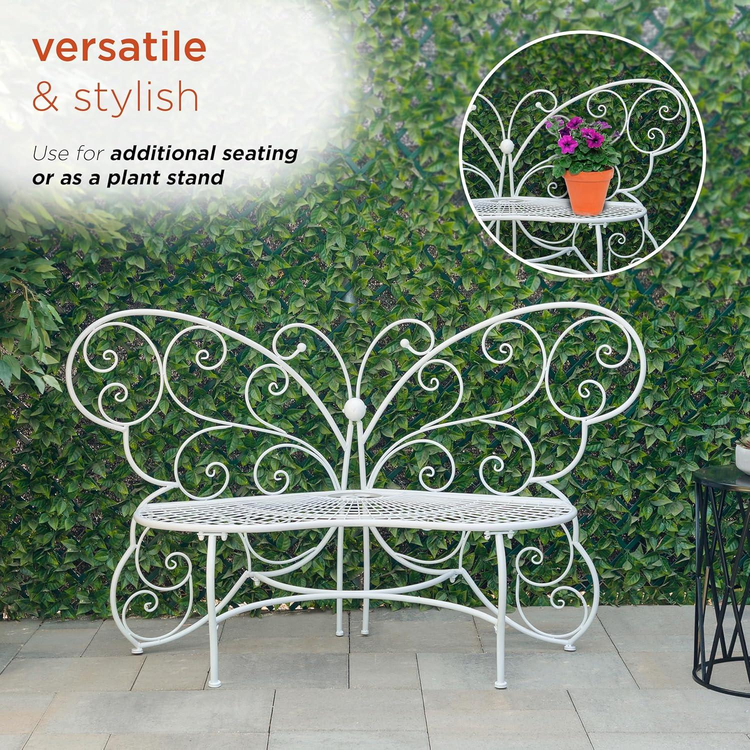 38" x 62" Metal Butterfly Outdoor Bench White - Alpine Corporation: Weather-Resistant, Garden Seating