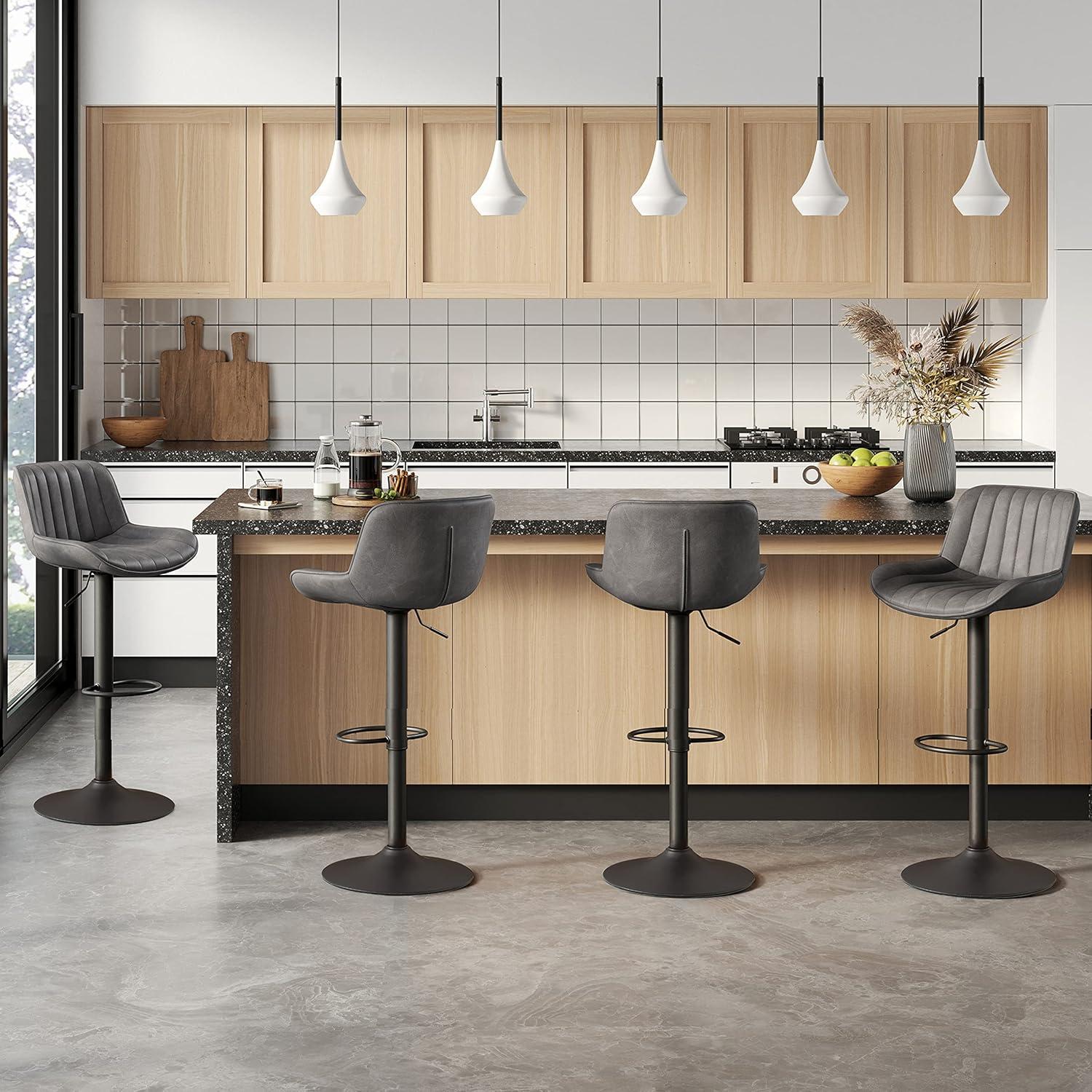 Art Leon Rustic Bar Stools Set of 2, Faux Leather with Backrest Chrome Legs, Upholstered Swivel Kitchen Stools, Gray