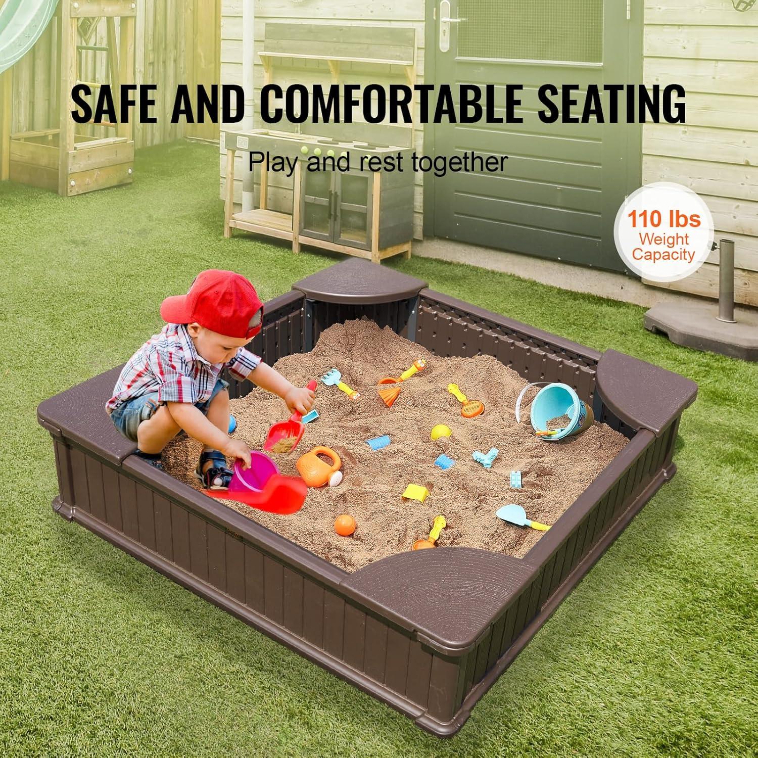 VEVOR Wooden Sandbox with Cover, 75.6 x 75.6 x 9.1 in Octagonal Sand Box, Sand Pit with 4 Seating and Bottom Liner