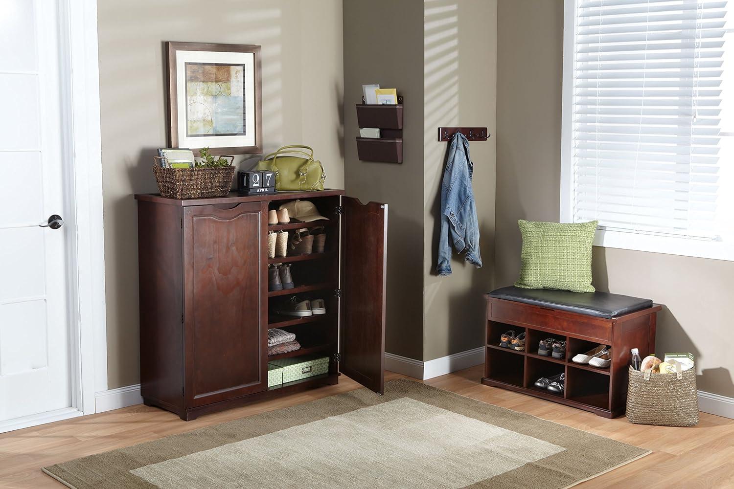 Mahogany Shoe Storage Bench with Black Cushion and Cubbies