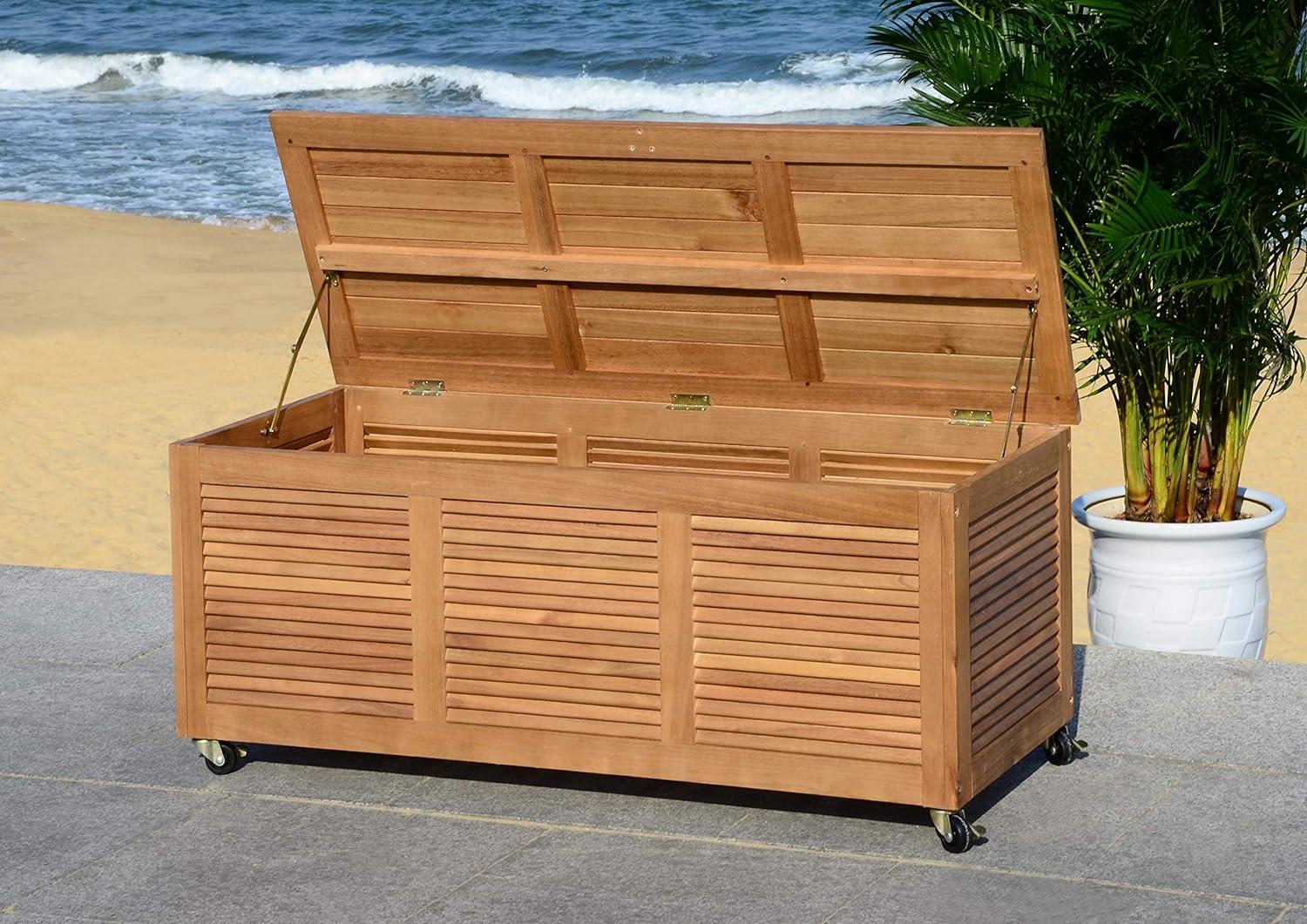 Elina 47.2 Inch Natural Wood Outdoor Deck Box with Wheels