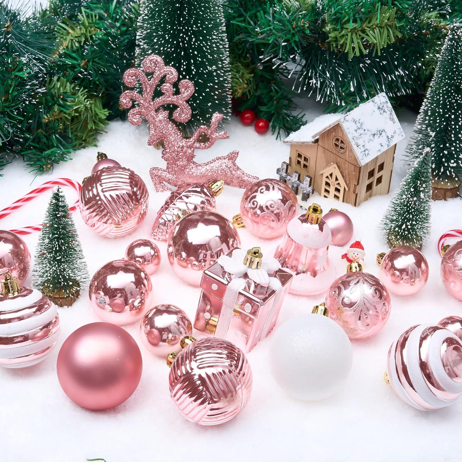 Pink and White Shatterproof Plastic Christmas Ornament Set