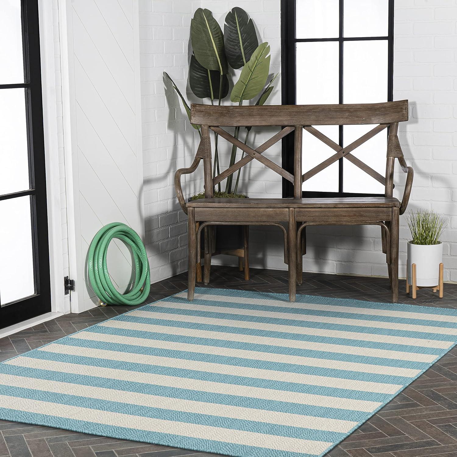 Aqua and Cream Wide Stripe Synthetic Indoor/Outdoor Rug 3x5