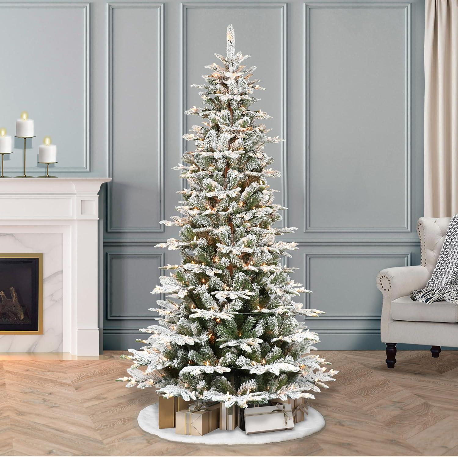 7.5-Foot Slim Flocked Fir Pre-Lit Christmas Tree with White Lights