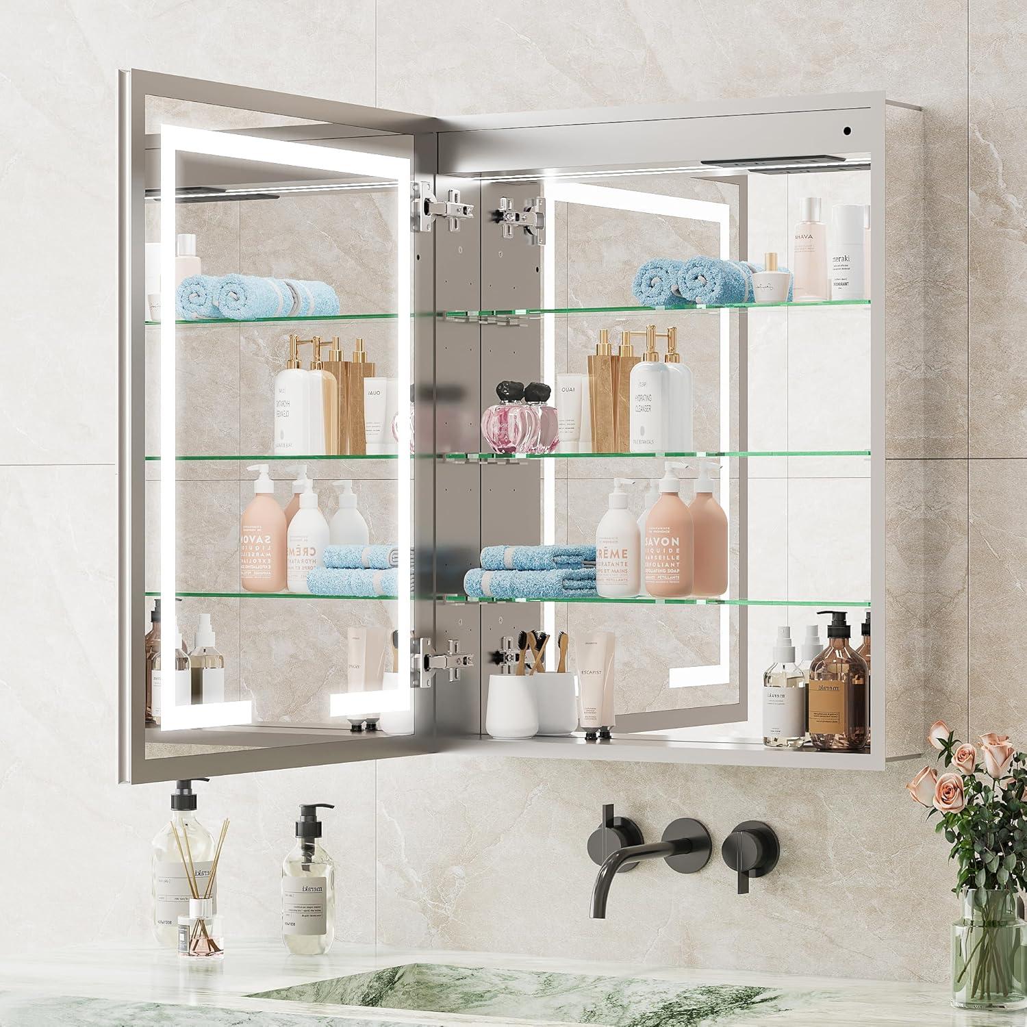 Ebern Designs Christhilde Medicine Cabinet with LED Mirror for Bathroom, Defog, Stepless Dimming, 3 Color Change, 2 Outlets, 2USB