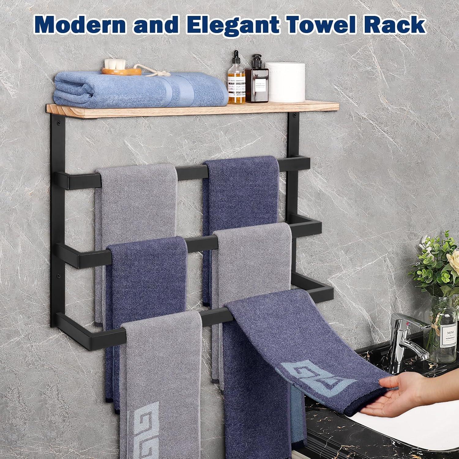 Matte Black Wall Mounted 3-Tier Towel Rack with Wood Shelf