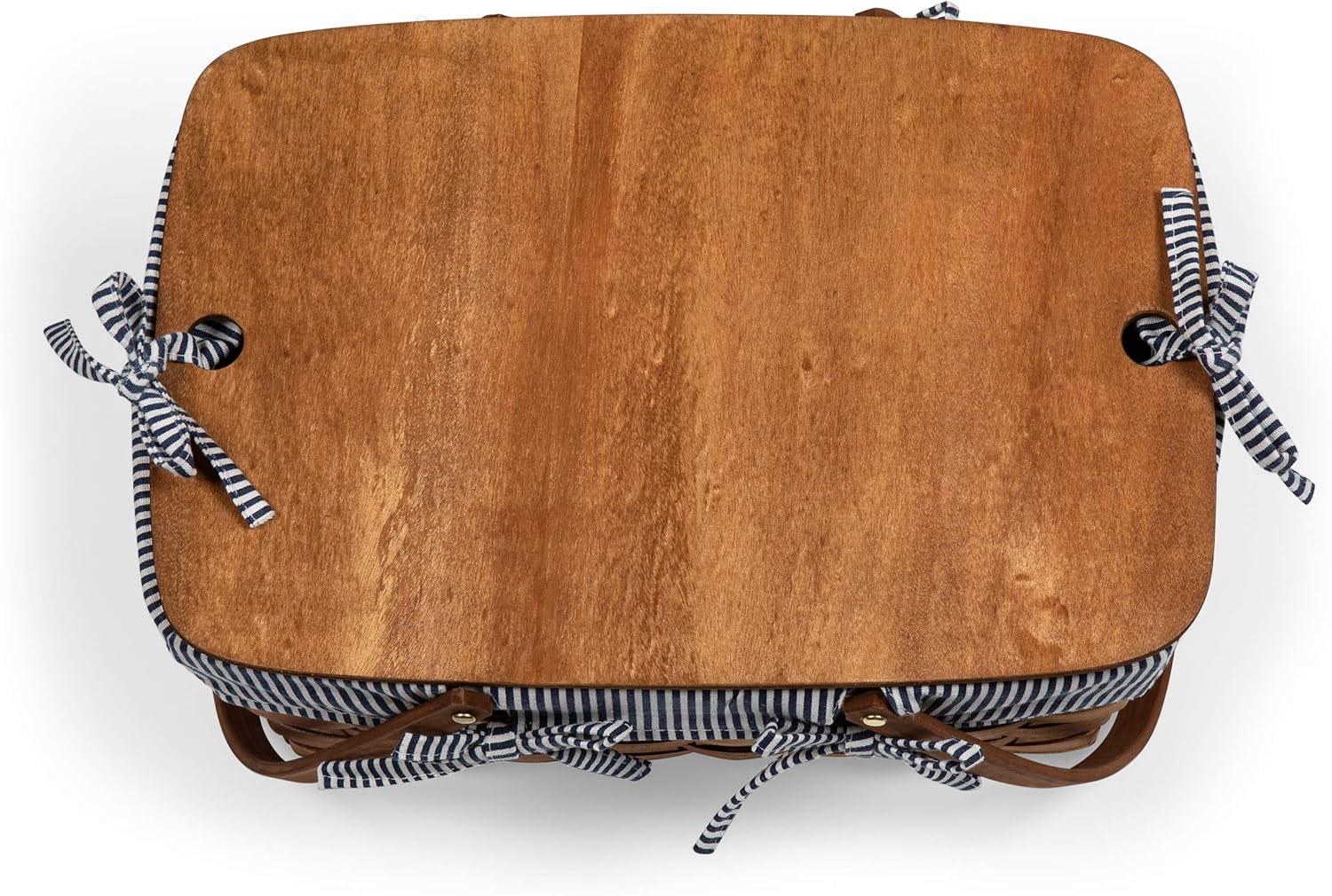 Picnic Time Kansas Handwoven Wood Picnic Basket with Navy Blue and White Stripe