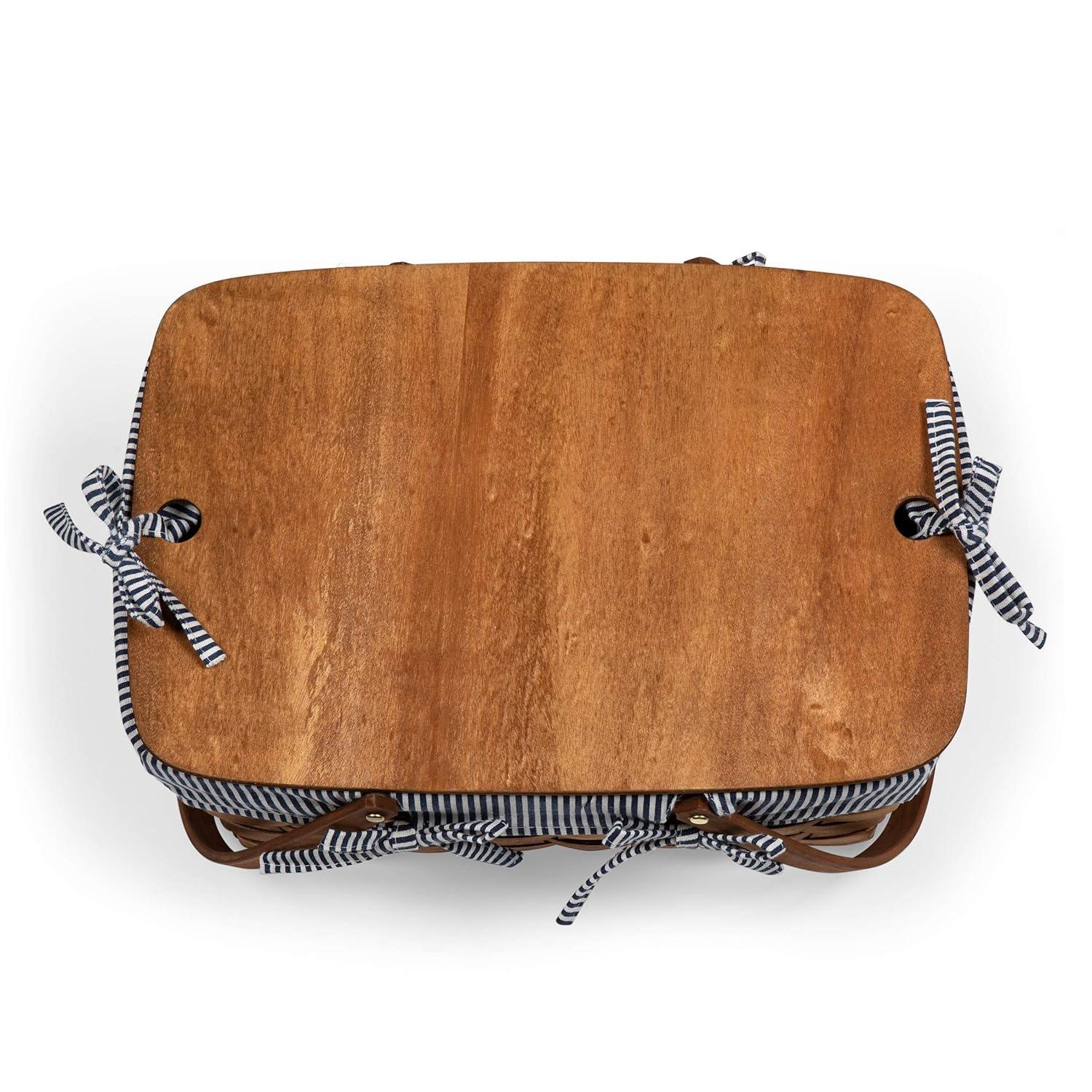 Picnic Time Kansas Handwoven Wood Picnic Basket with Navy Blue and White Stripe