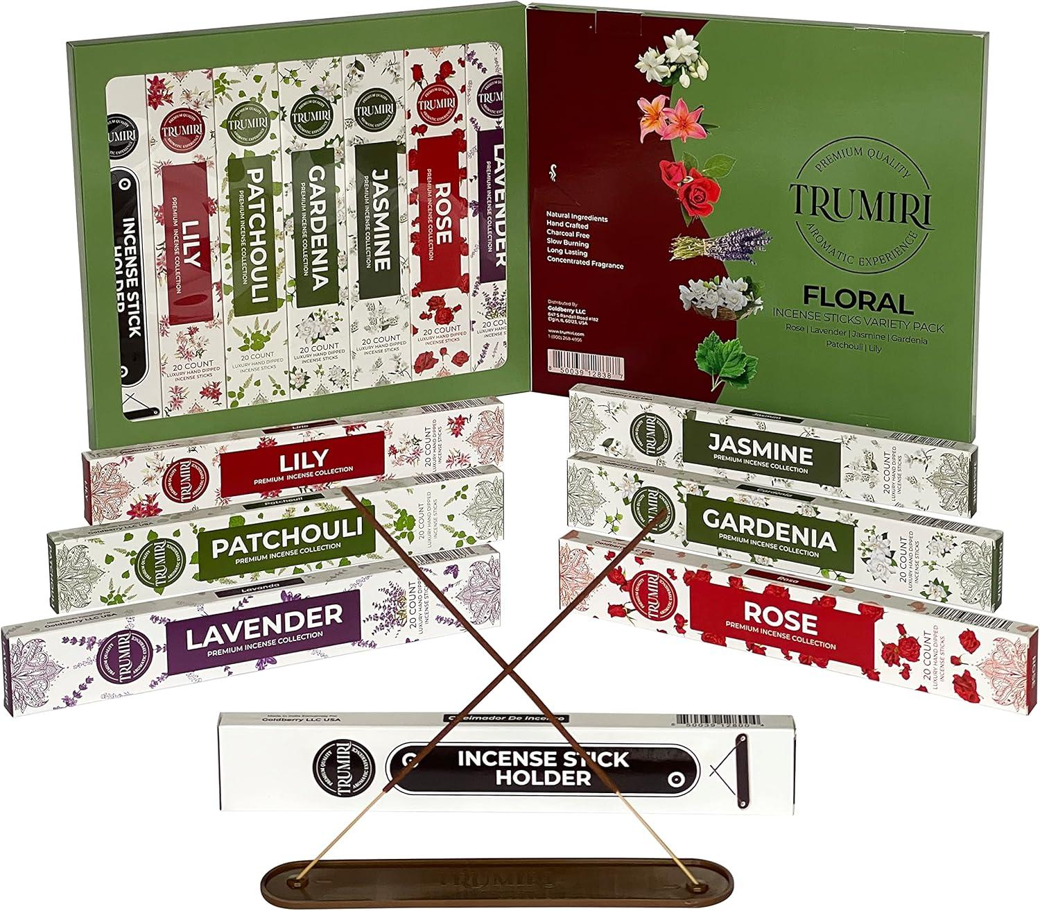 Trumiri Floral Incense Sticks Variety Pack & Incense Burner - Gift Set - 120 Inciensos Aromaticos (6 fragrances x 20 pieces each) - Rose, Lavender, Jasmine, Gardenia, Patchouli, Lily