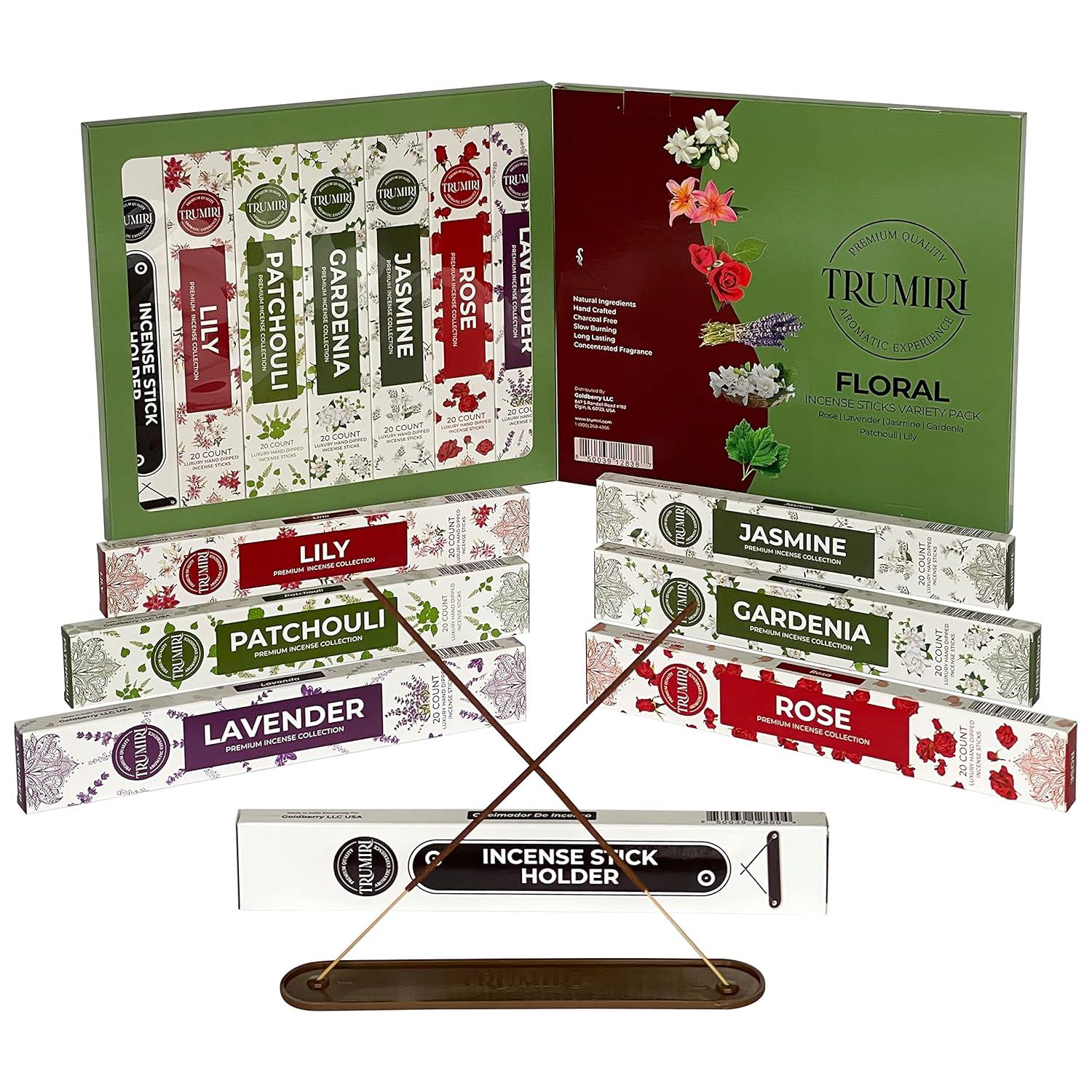 Trumiri Floral Incense Sticks Variety Pack & Incense Burner - Gift Set - 120 Inciensos Aromaticos (6 fragrances x 20 pieces each) - Rose, Lavender, Jasmine, Gardenia, Patchouli, Lily