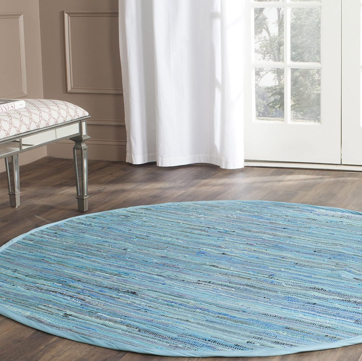 Hand-Woven Whimsical Charm Round Blue Cotton Rug - 4' Diameter