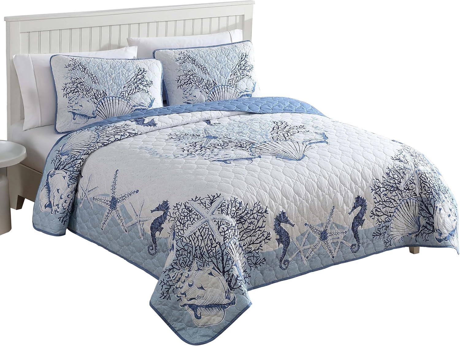 Caribbean Joe  Coastal 3PC Quilt Set Beach Delight Denim - Full - Queen