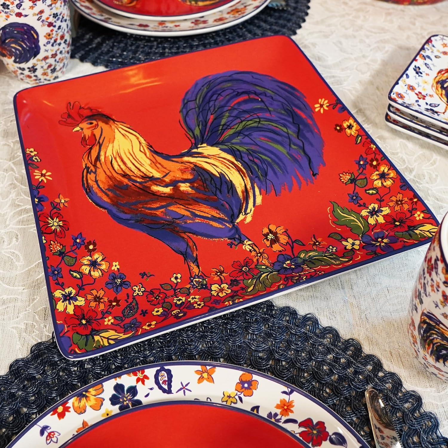 Vibrant Red Ceramic Square Platter with Rooster Design