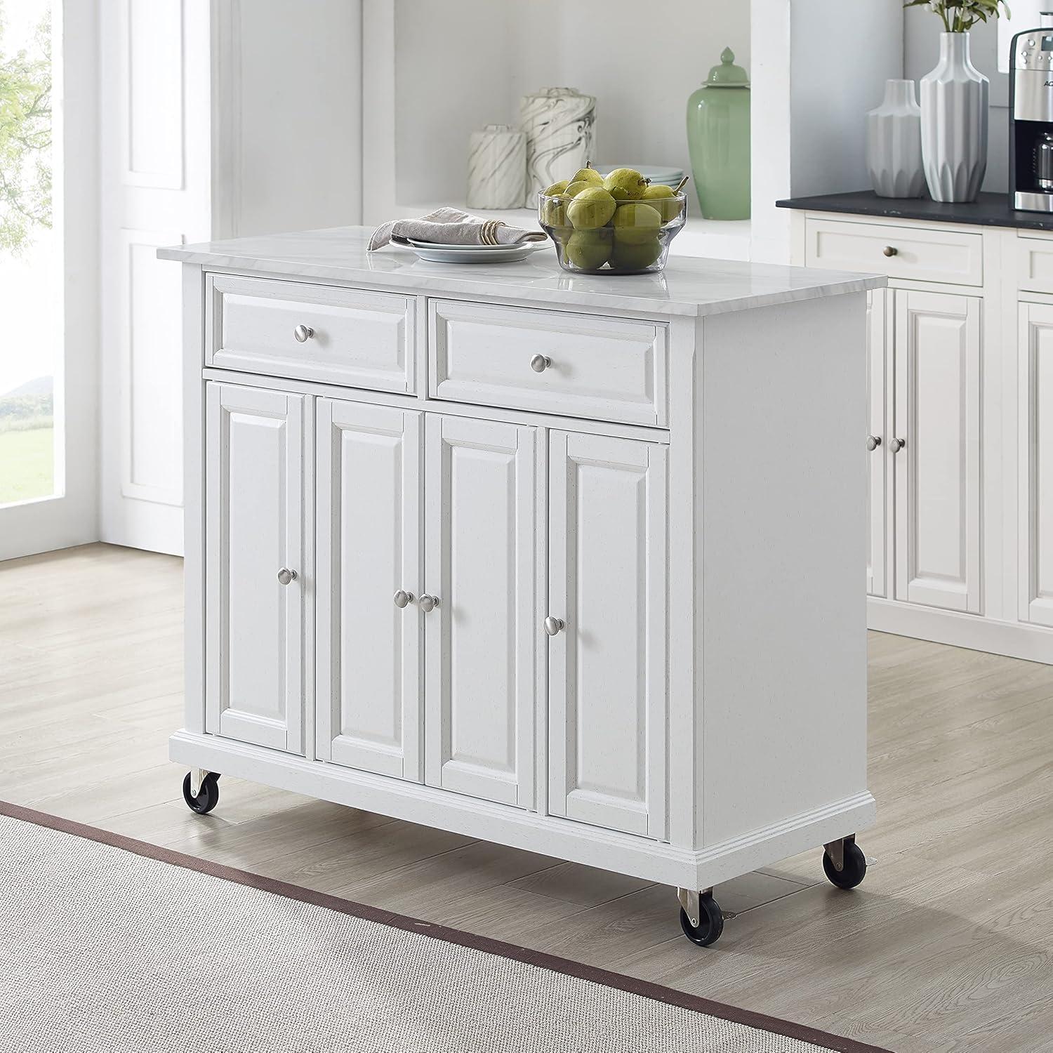 Avery Distressed White Kitchen Island Cart with Faux Marble Top