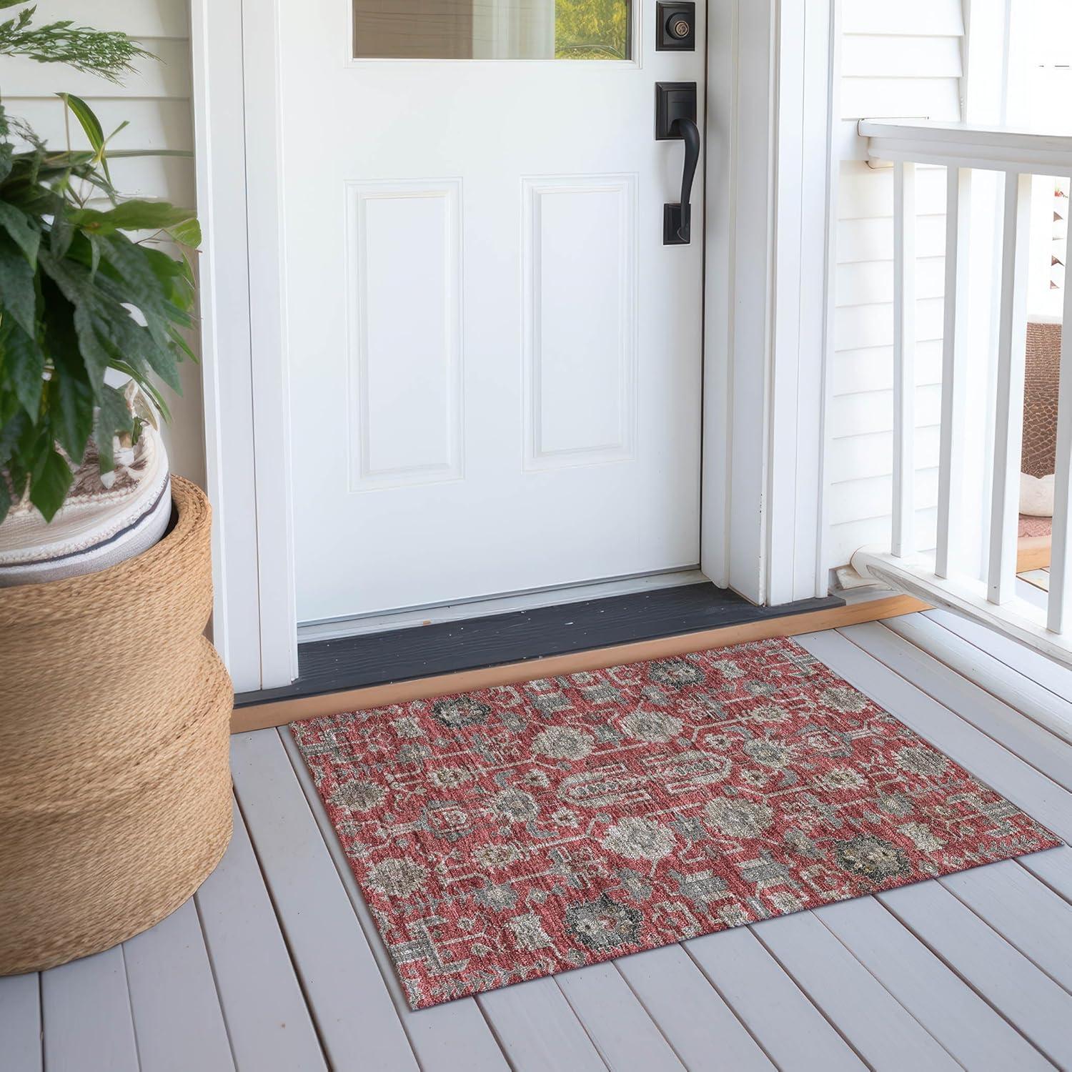 Red and Gray Synthetic Rectangular Washable Area Rug