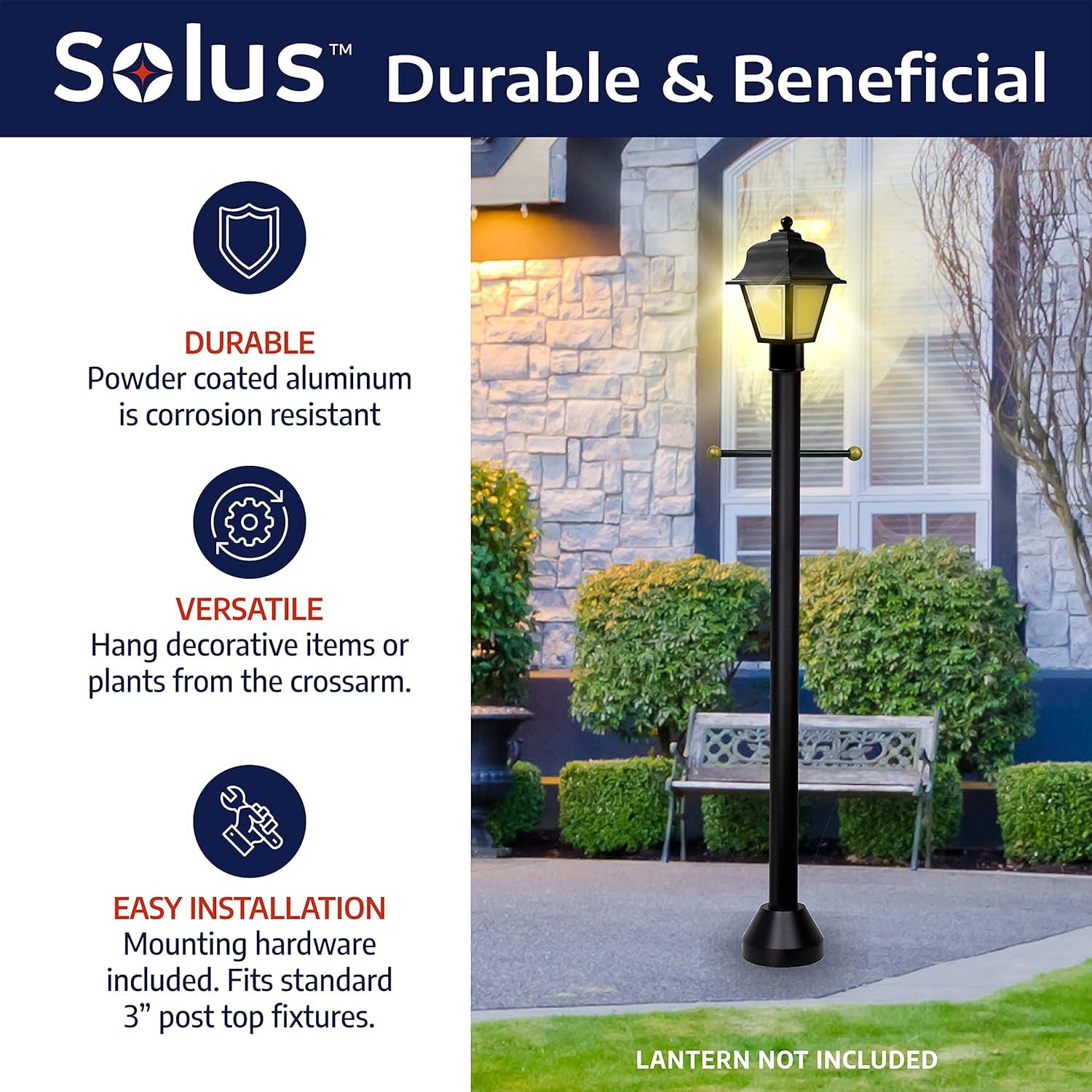 Solus 6-Foot Surface Mount Outdoor Lamp Post – Aluminum Light Pole with Standard Base Cover & Decorative Cross Arm – Black, Bronze, or White – Fits 3" Fixtures – Made in USA (Black)