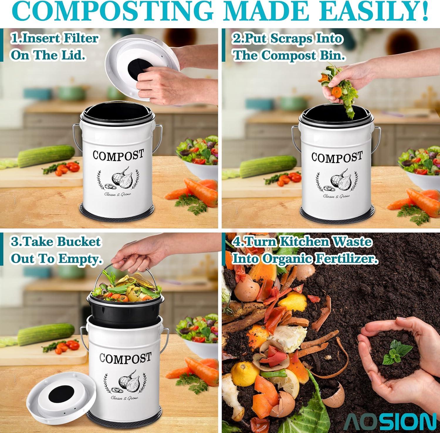 Compost Bin Kitchen Counter,Countertop Compost Bin with Lid,Indoor Kitchen Compost Bin,Countertop Composter Container,Compost Pail Food Waste Bin for Kitchen,1.0 Gallon,White