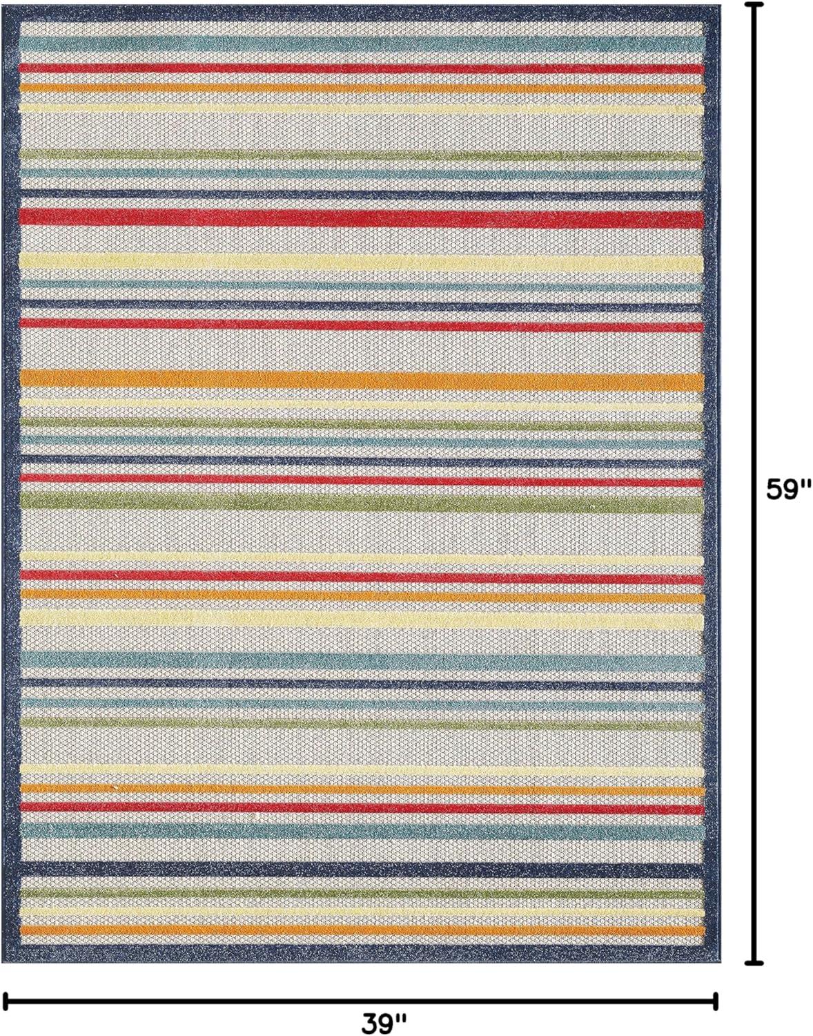 Ivory and Multicolor Striped Synthetic Medium Rug