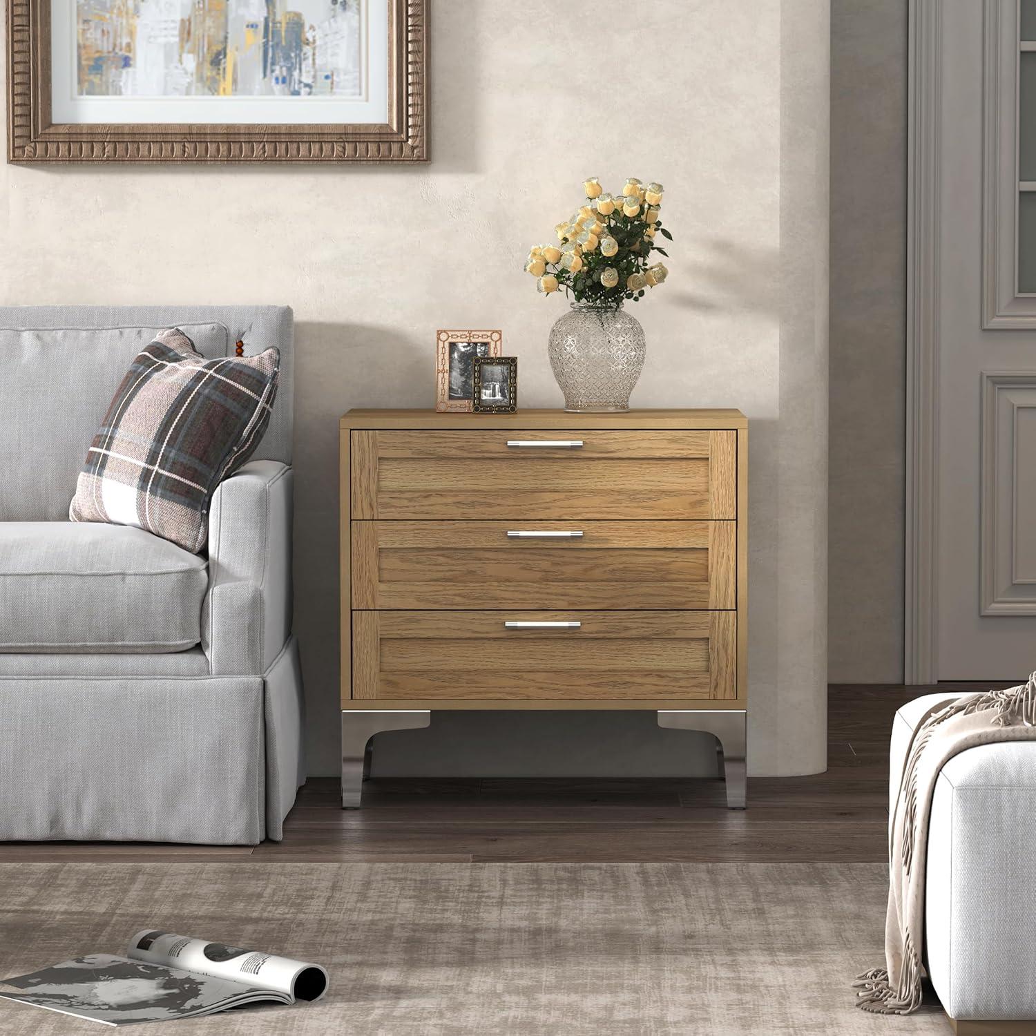 WiberWi Night Stand 3 Drawer Nightstand Dressers for Bedroom Mid-Century Modern Couch Side End Table for Living Room Wood Bedside Table with Drawers&Polished Silver Legs,Light Walnut