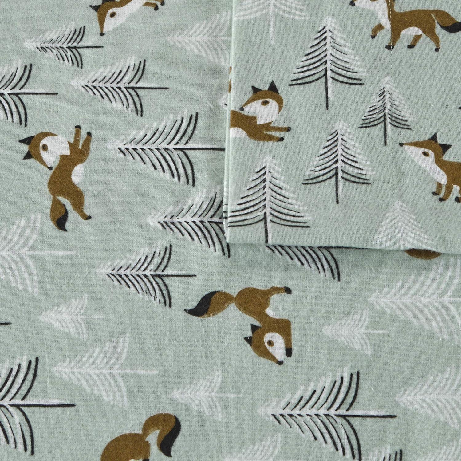 Seafoam Foxes Cotton Flannel Queen Sheet Set