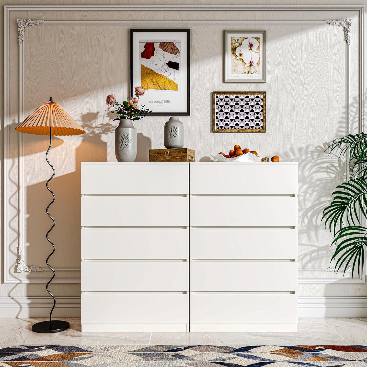 White Dresser for Bedroom with 5 Drawers, Tall Wood Drawer Dresser & Chest of Drawers for Closet, Living Room Hallway Kids Bedroom