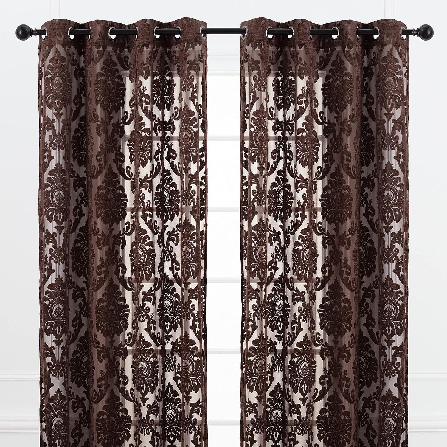 Chanasya 2pk Devore Damask Sheer Grommet Window Curtain Panels - Set of 2 - 52 x 108 Inches Long - Mocha