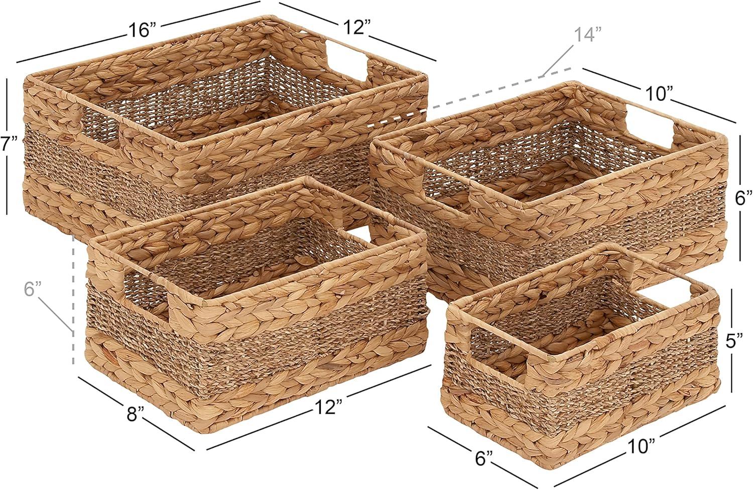 DecMode 16", 14", 12", 10"W Light Brown Seagrass Handmade Storage Basket with Handles, 4-Pieces