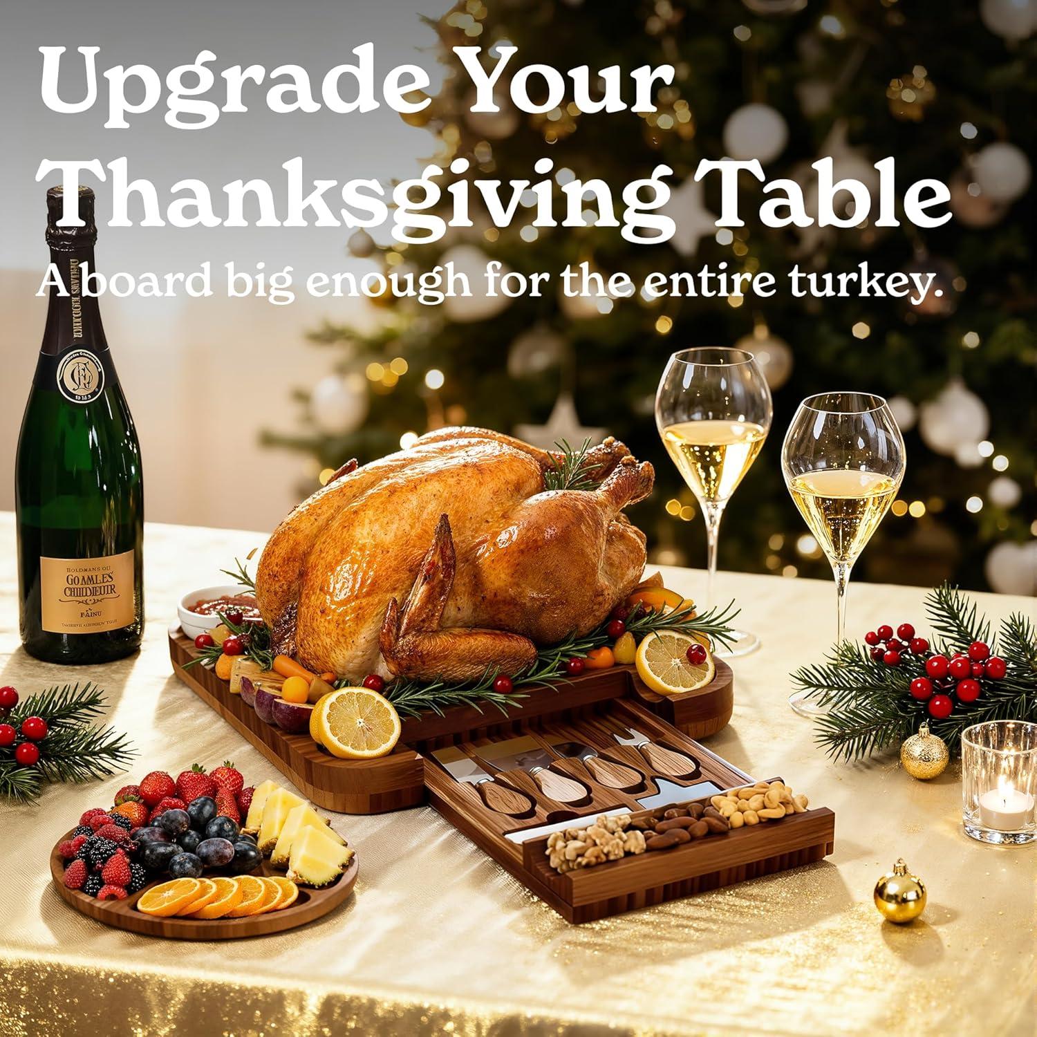 SMIRLY Charcuterie Board Set Large Bamboo Cheese Board with Fruit Tray & 2 Ceramic Bowls