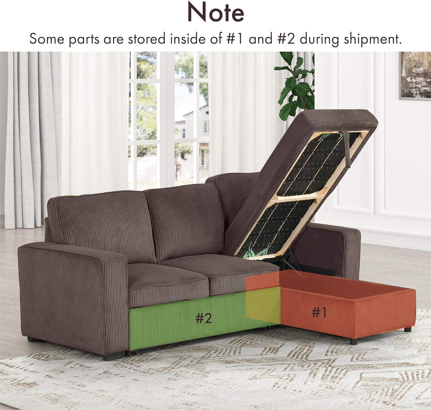 HOMES: Inside + Out Paeke Sleeper Sectional Sofa Corduroy with Storage Chaise and Reversible Brown